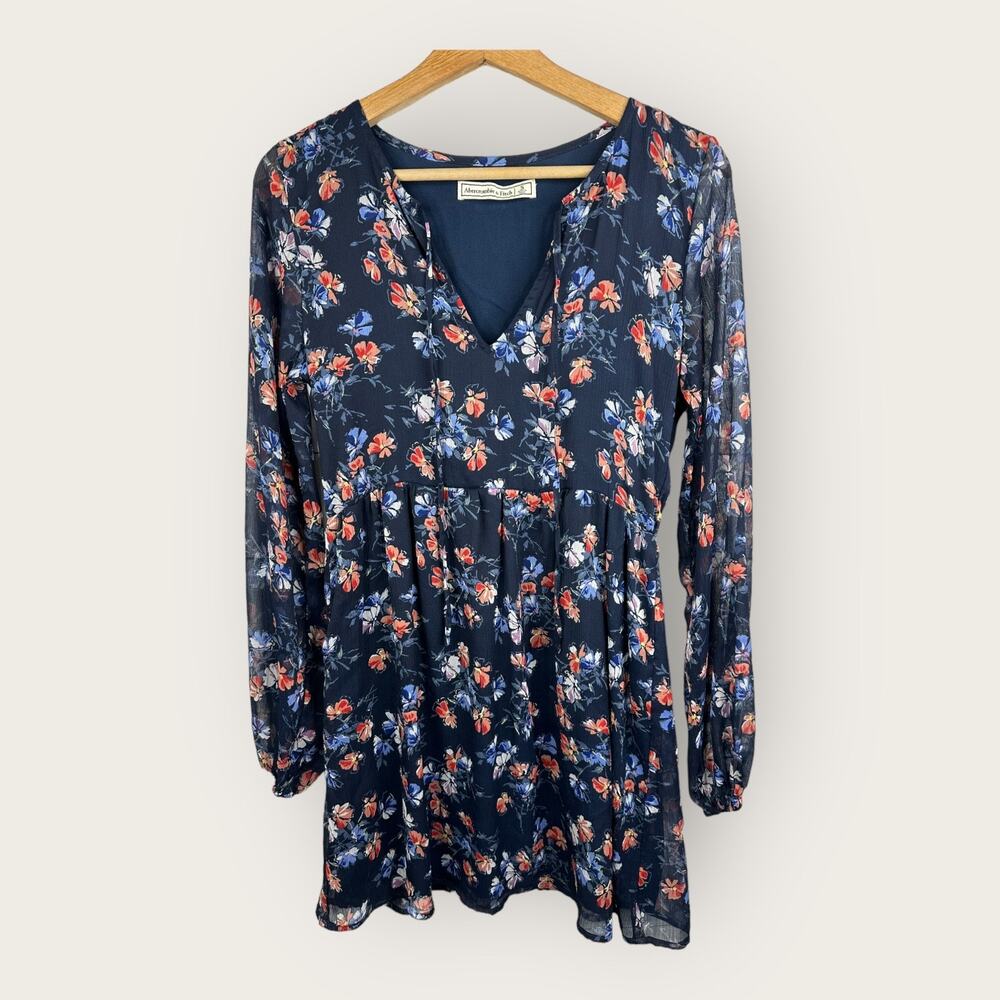 Abercrombie & Fitch Womens size Small Floral Boho Sheer Sleeve Dress Blue